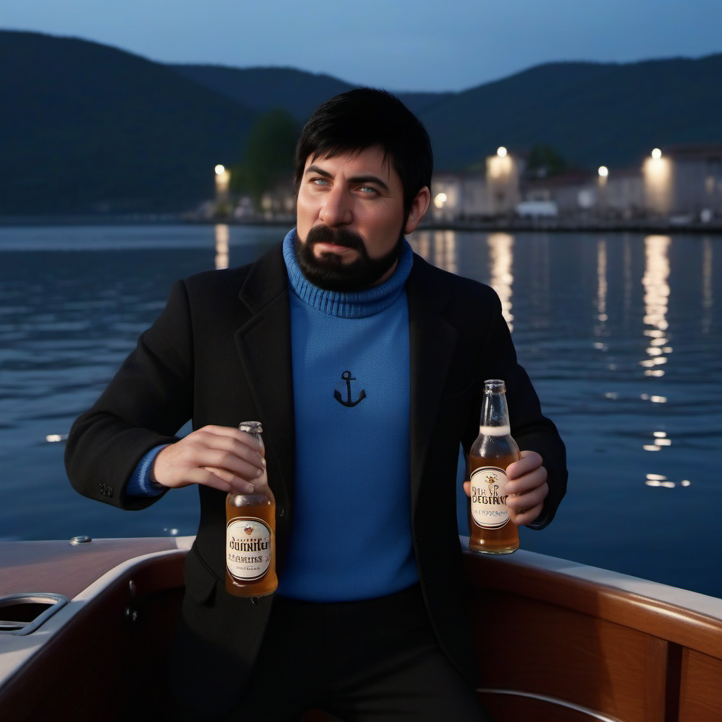 cinematic photo a man ,black hair, blue shirt, black jacket, black pant, facial hair, aving a beer on a boat <lora:Haddock1024:0.8> . 35mm photograph, film, bokeh, professional, 4k, highly detailed