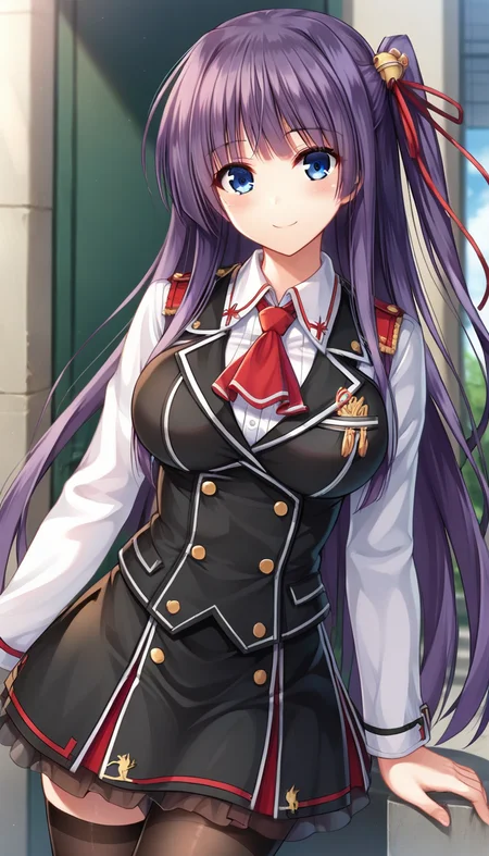 score_9,score_8_up,masterpiece,best quality,correct anatomy,anime_source,1girl,solo,perfect eyes,perfect arms,perfect legs,perfect face,outdoors,upper body,(portrait:1.5),looking at viewer,facing viewer,smile,blush,Toujou Amane,very long hair,purple hair,hair ornament,hair ribbon,red ribbon,one side up,sidelocks,bangs,blue eyes,uniform,red ascot,black vest,white shirt,collared shirt,long sleeves shirt,large breasts,black thighhighs,miniskirt,black skirt,frilled skirt,pleated skirt,black pantyhose,loafers,black footwear,<lora:Toujou Amane(uq)-Pony:1.2>,