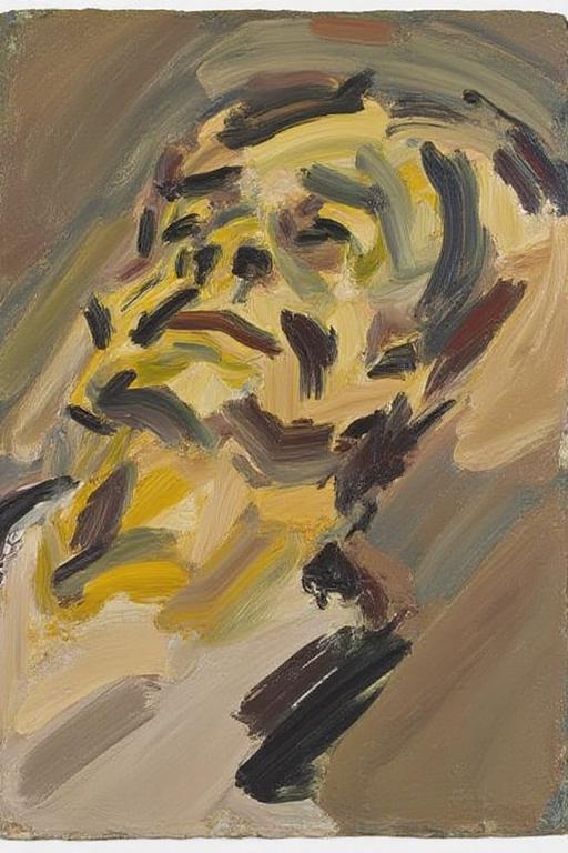 fraauer1 painting of the head of a reclining man, created with thick, expressive brush strokes in an abstract style. The artwork features a chaotic, emotional depiction of a human face, rendered in various shades of yellow, brown, and beige. The face is abstracted, with broad, sweeping brushstrokes creating the form. The eyes are depicted as swirling, chaotic masses of color, with the nose and mouth similarly abstracted into expressive, swirling patterns. <lora:fraauer1_cap_d6a3:1.0><lora:811767446500490002:0>