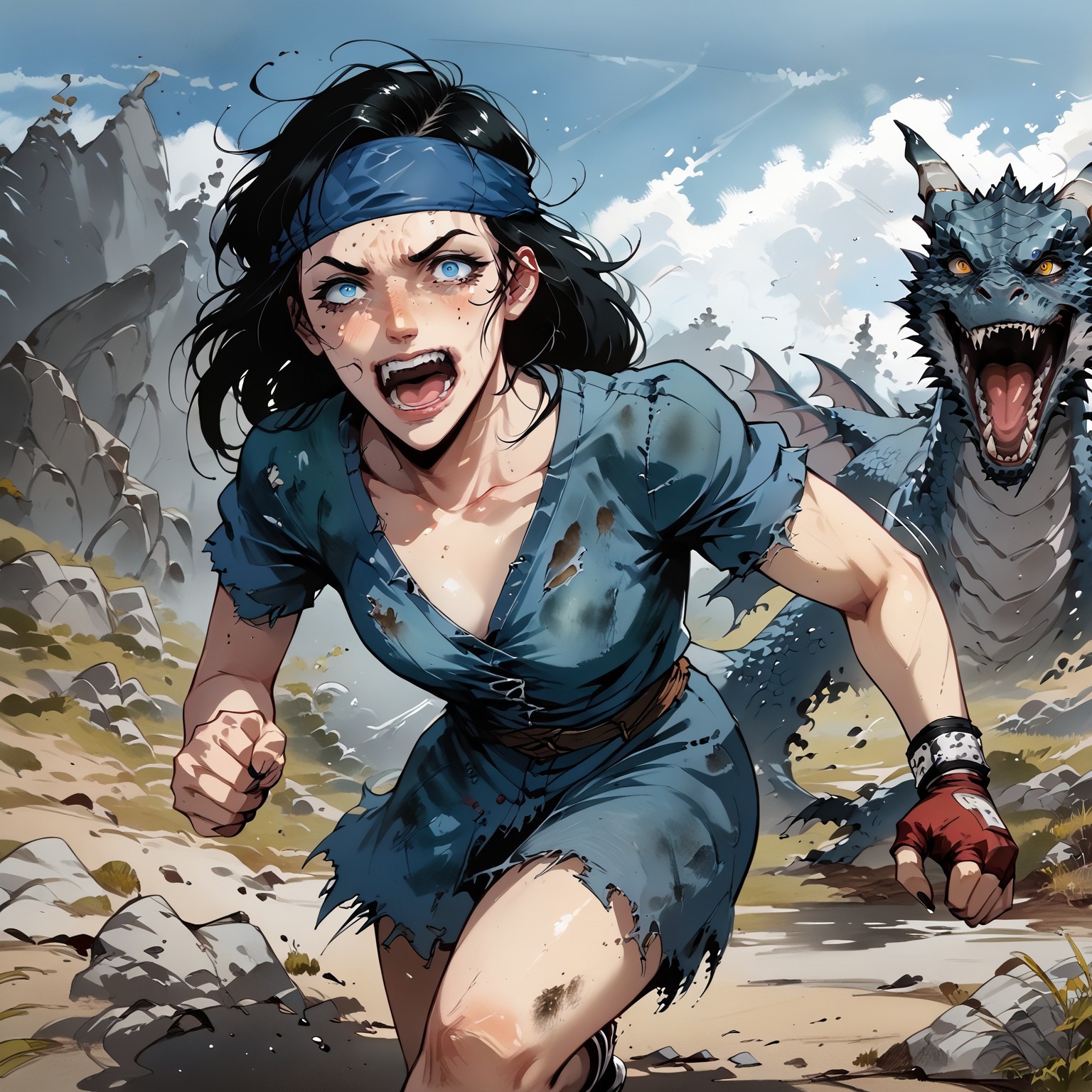 safe_pos, safe_pos, score_9, score_8_up, score_7_up,  BREAK, source_manga, source anime, punk, thug, (((running from a dragon))), (((motion lines, full sprint at viewer, comical face, eyes wide, mouth open, afraid, panic, arms pumping)))

BREAK
4K, detailed, watercolor, color comic style of a scuzzy perverted twisted insane evil villainous deathly pale white female nord 30 years old with pale grey blue eyes with bags under them and black hair.  She has small breasts, slightly toned, and wears a blue medieval dress and leather corset.  Dirty legs and arms, Blue bandana
 
BREAK
Skyrim rolling hills, skyrimlandscapes,