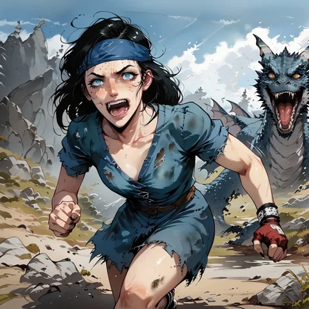 safe_pos, safe_pos, score_9, score_8_up, score_7_up,  BREAK, source_manga, source anime, punk, thug, (((running from a dragon))), (((motion lines, full sprint at viewer, comical face, eyes wide, mouth open, afraid, panic, arms pumping)))

BREAK
4K, detailed, watercolor, color comic style of a scuzzy perverted twisted insane evil villainous deathly pale white female nord 30 years old with pale grey blue eyes with bags under them and black hair.  She has small breasts, slightly toned, and wears a blue medieval dress and leather corset.  Dirty legs and arms, Blue bandana
 
BREAK
Skyrim rolling hills, skyrimlandscapes,
