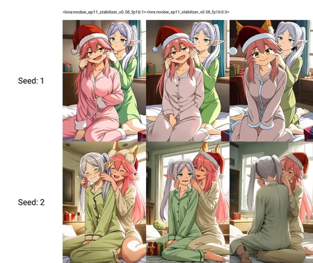 <lora:noobai_ep11_stabilizer_v0.58_fp16:1>2girls,frieren,white hair,tamamo \(fate\),pink hair,wariza,on bed,cheek pull from behind,santa hat,pajamas,window,sunlight,gift box,indoors,living room,masterpiece,