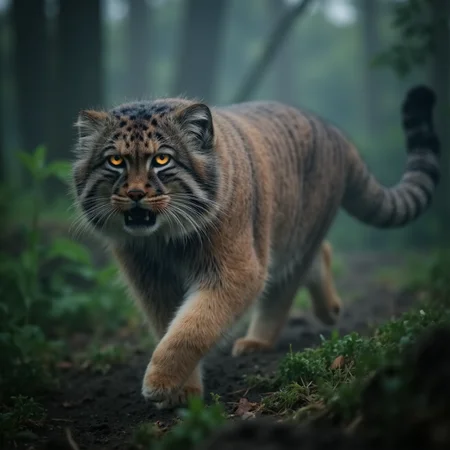 A majestic fusion of a Pallas cat and a Bengal tiger, with the thick, fluffy fur and piercing gaze of a Pallas cat, combined with the bold orange and black stripes of a tiger. Its muscular frame moves stealthily through a misty jungle, eyes glowing in the twilight<lora:Animal_soph-PallasCat-FLUX:0.9>