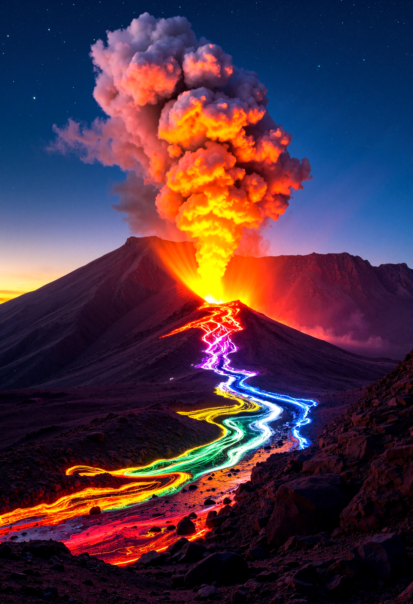 "An otherworldly volcano erupting in vibrant rainbow colors, with molten lava streams cascading down its slopes in glowing hues of red, orange, yellow, green, blue, and purple. The explosion sends a multicolored cloud of smoke into the twilight sky, its edges sparkling with iridescent embers. The surrounding landscape is dark and barren, contrasting with the brilliant glow of the lava and the surreal, cosmic beauty of the eruption. Stars subtly twinkle in the backdrop, enhancing the mystical atmosphere."







