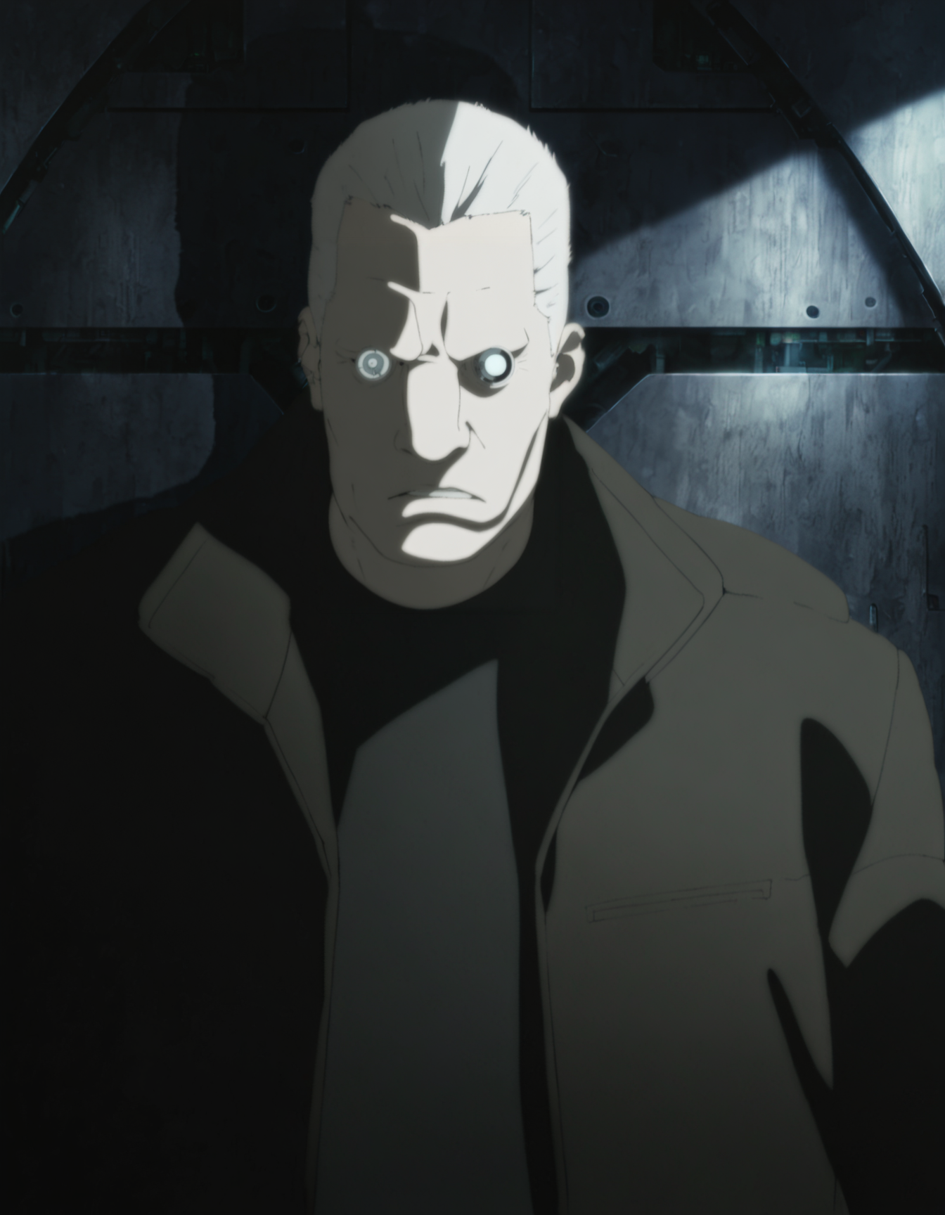 best quality, highres, absurdres, masterpiece,
1boy, batou (gits), artificial eye, upper body, white eyes, 
shadow, cinematic, anime screenshot,  cyberpunk, science fiction, 
(artist: sabudenego:0.4), (artist: abara heiki:0.4),  (by soejima shigenori:0.4), 
 <lora:GITS 2 innocence Illustrious:0.7>