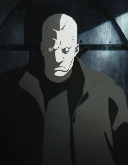 best quality, highres, absurdres, masterpiece,
1boy, batou (gits), artificial eye, upper body, white eyes, 
shadow, cinematic, anime screenshot,  cyberpunk, science fiction, 
(artist: sabudenego:0.4), (artist: abara heiki:0.4),  (by soejima shigenori:0.4), 
 <lora:GITS 2 innocence Illustrious:0.7>