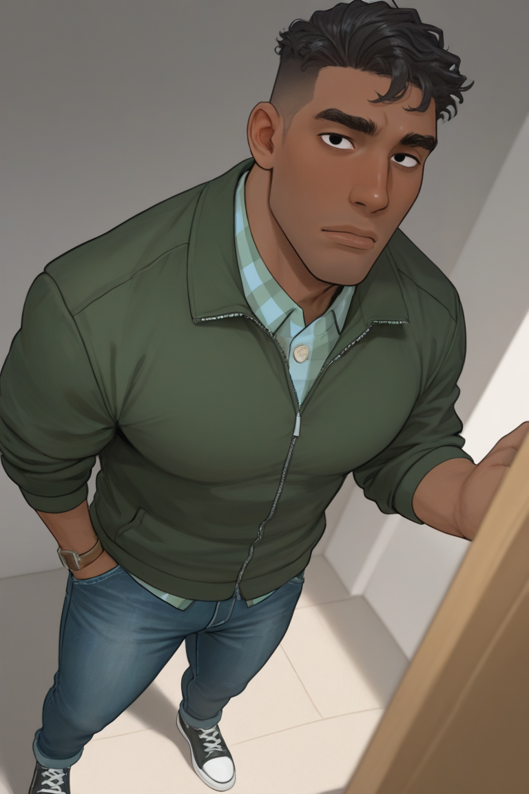 expressive manly face, shadow, dynamic angle, intricately detailed, depth of field, masterpiece, best quality, amazing quality, very aesthetic, absurdres, newest, very awa, 1boy, make focus, solo,coralluke,black hair,short hair,black eyes,dark skin, green jacket, plaid collared undershirt, denim pants, shoes, standing, looking at viewer, 