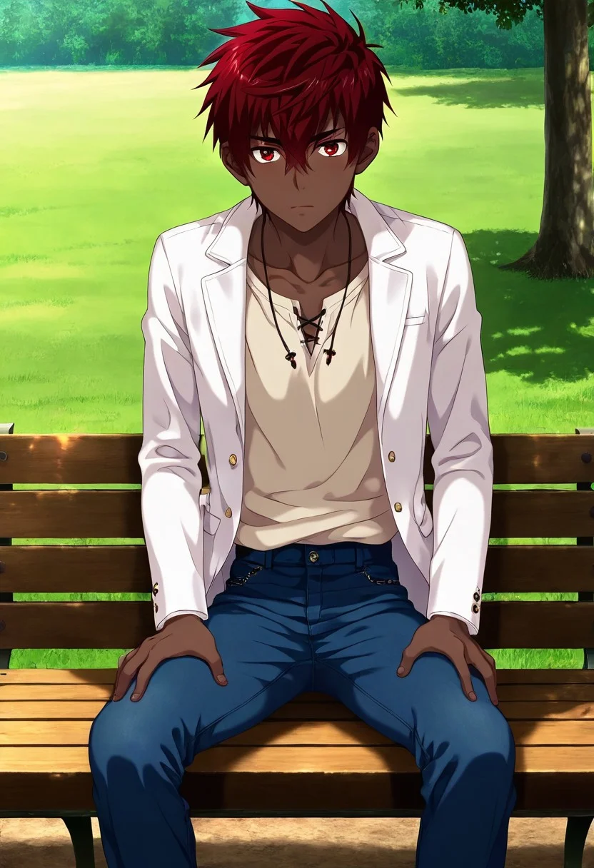 darius_najjar_past, red hair, red eyes, mid hair, bang between eyes, dark skin, dark-skinned boy, 1boy, solo, male focus, outdoor, sunny day, open jacket, dark blue jeans, white jacket, hands grabbing knee, sit on bench, young, youthful, slim, skinny, perfect eyes, perfect hands, best quality, high quality,