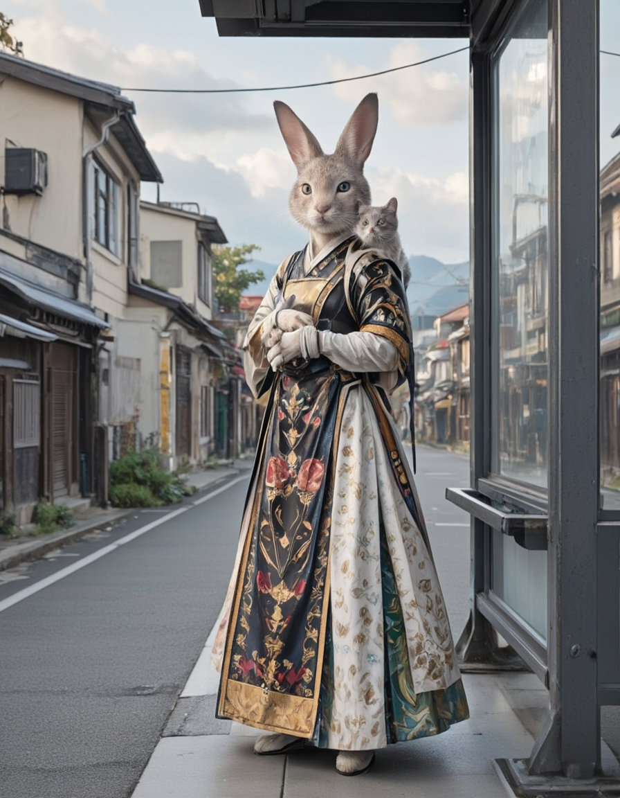 <lora:INWYTK_01a_flux:1> inwytk01flux, mu1ti, a beautiful graceful furry woman with a rabbit head, wearing a detailed handcrafted fabric outfit, stands, hugging a cat, at a bus stop in an old japanese town, c1t,
