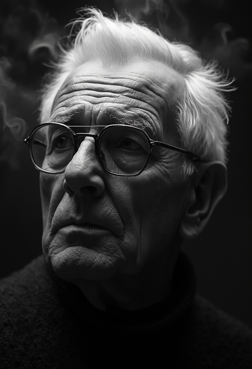 A highly detailed, black-and-white, silhouette, closeup, professional photo portrait of a old man with wrinkles and white hair. He has tanned skin and sad eyes framed by big glasses. His hair is short and white. He wears an elegant sweater. The background is pitch black, with smoke behind the woman, creating a dramatic contrast with hia tanned skin and white hair, drawing the viewerâs focus entirely onto her. The lighting, hitting only one side of his face, is hard in chiaroscuro style, giving depth to her features and an air of mystery. The overall style blends gothic and fantasy influences, with a strong emphasis on realism and a refined sense of elegance and enigma.