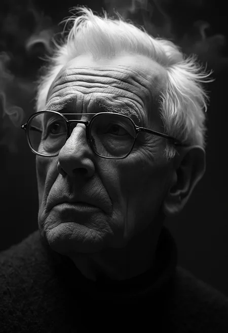 A highly detailed, black-and-white, silhouette, closeup, professional photo portrait of a old man with wrinkles and white hair. He has tanned skin and sad eyes framed by big glasses. His hair is short and white. He wears an elegant sweater. The background is pitch black, with smoke behind the woman, creating a dramatic contrast with hia tanned skin and white hair, drawing the viewerâs focus entirely onto her. The lighting, hitting only one side of his face, is hard in chiaroscuro style, giving depth to her features and an air of mystery. The overall style blends gothic and fantasy influences, with a strong emphasis on realism and a refined sense of elegance and enigma.