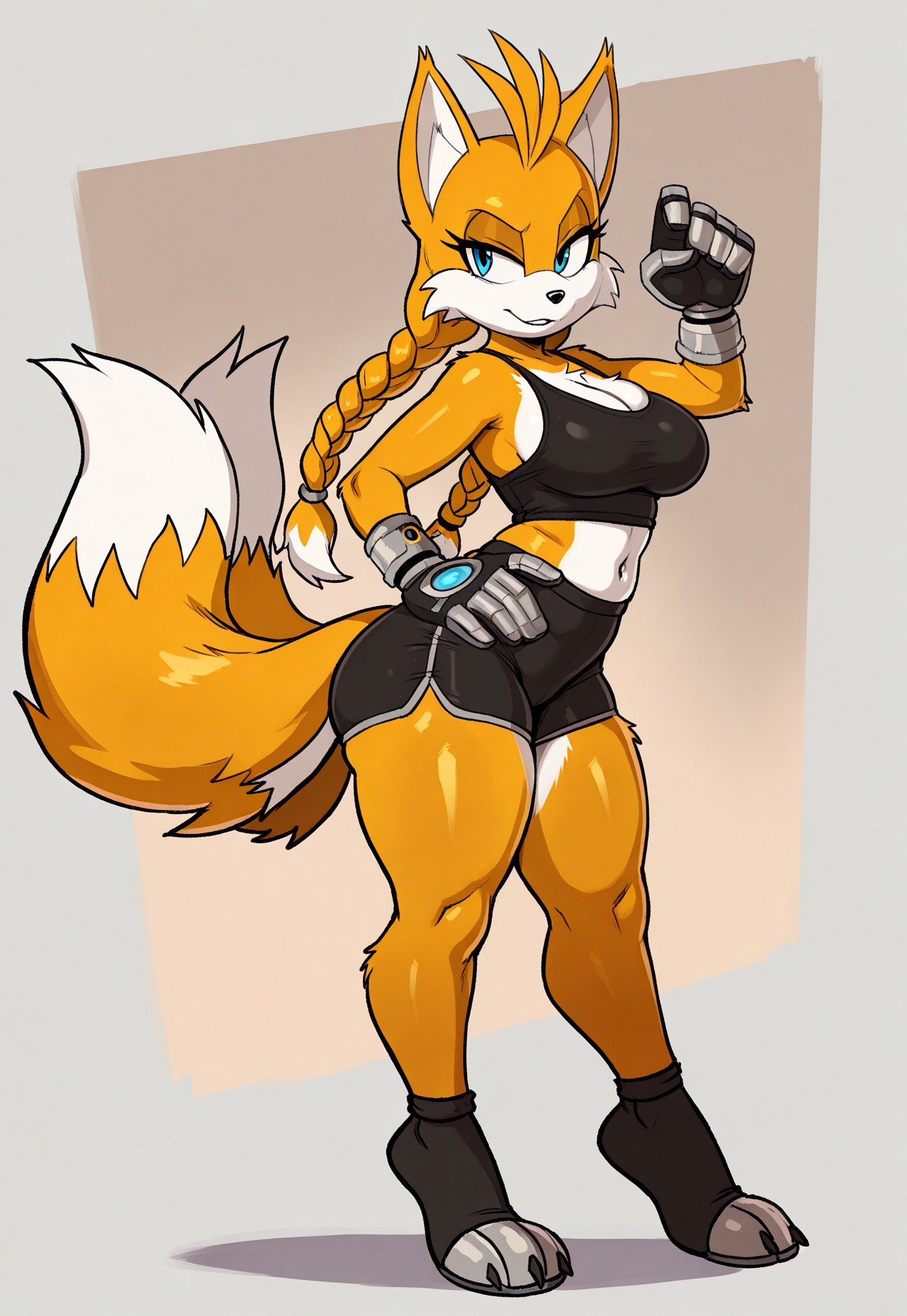 female, furry, 1girl, tanktopg, tails nine sonic prime, sonic style, twin braided hair, ,hand on hip,, standing, sexy pose, claws, side view, tiptoes, orange fur(extra thicc thighs), , shorts,  tank top