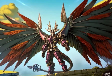 (hi res), ((masterpiece)), ((best quality)), (8k hd, hdr:1.1,score_9, score_8_up, score_7_up, score_6_up, score_5_up, score_4_up, rating_safe,dexdoru,outdoors,wings,horns,multiple wings,outdoors,standing