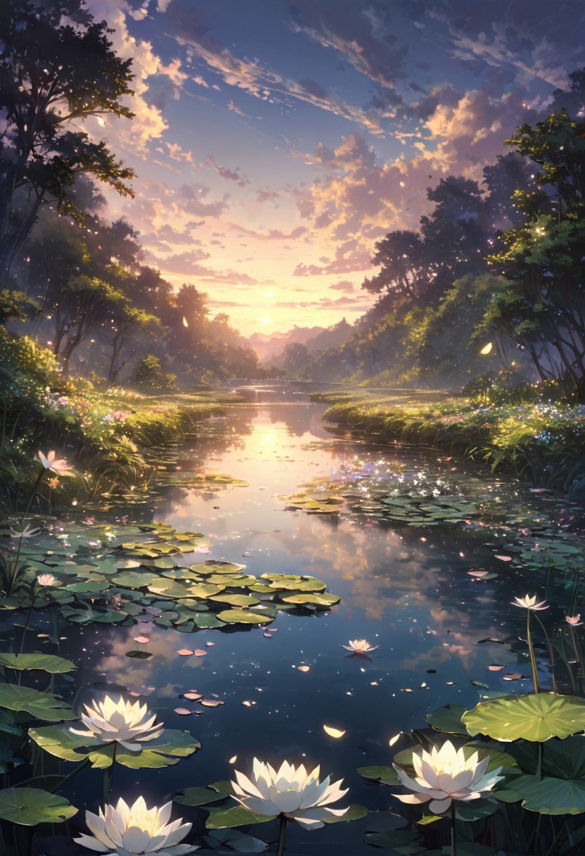 detailed background,( Calm spring night landscape), amongst lush greenery, beautiful view, Water lilies in full bloom, Water lilies, Unexplored, early morning, sunrise sky, beautiful clouds, dappled sunlight, beautiful, Tranquil Lake, Walkway, petals dancing in the wind, depth of field, masterpiece, best quality, ultra-detailed, very aesthetic, illustration, perfect composition, intricate details, absurdres, moody lighting, wisps of light, no humans,