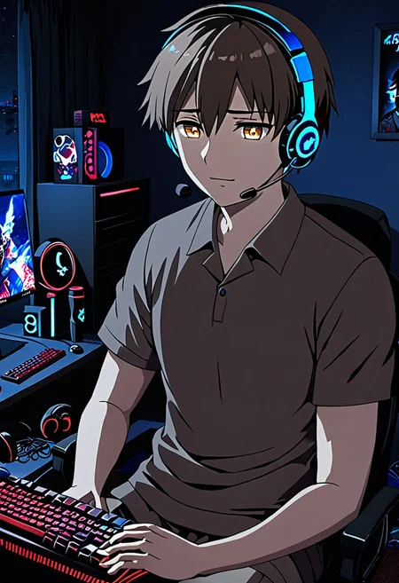 high resolution, solo, best quality, 1Boy, Takaki Toono, Brownish Hair, Brown Eyes, gamer, bedroom, night, pc, sit, headset, portraits, OverallDetail