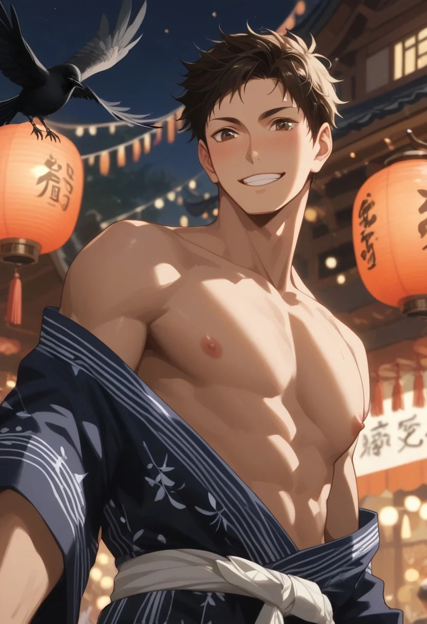 score_9, score_8_up, score_7_up, source_anime, rating_explicit, crow, pulling own yukata, pecs, Daikyu, very short hair, 1boy, male focus, [[[anime screencap]]], nipples, smile, head tilt, blushing, blurry outdoor lantern festival, food stalls, warm bokeh, realistic lighting, Expressiveh, from below, black feathers,