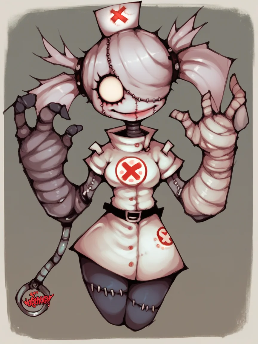 score_9, score_8_up, score_7_up, score_6_up, score_5_up, <lora:w0rmb0yXLP:1> w0rmb0y, 1girl, stitches, nurse,