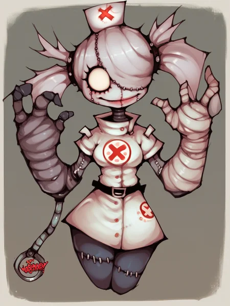 score_9, score_8_up, score_7_up, score_6_up, score_5_up,   <lora:w0rmb0yXLP:1> w0rmb0y, 1girl, stitches, nurse,