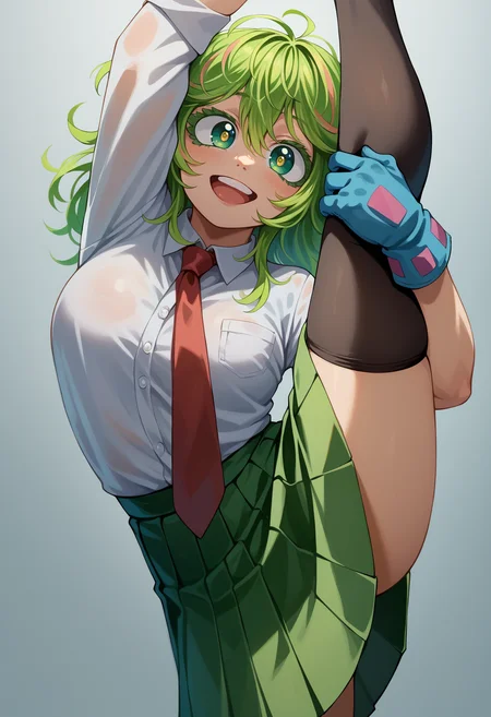 score_9,score_8_up,score_7_up BREAK 1girl,jelotuhe,solo,standing split,grabbing own leg,white background,multicolored hair,multicolored eyes,blue gloves,collared shirt,short sleeves,white shirt,red necktie,green skirt,looking at viewer,seductive smile,<lora:Toru_Hagakure-JeloXL-000009:1>,