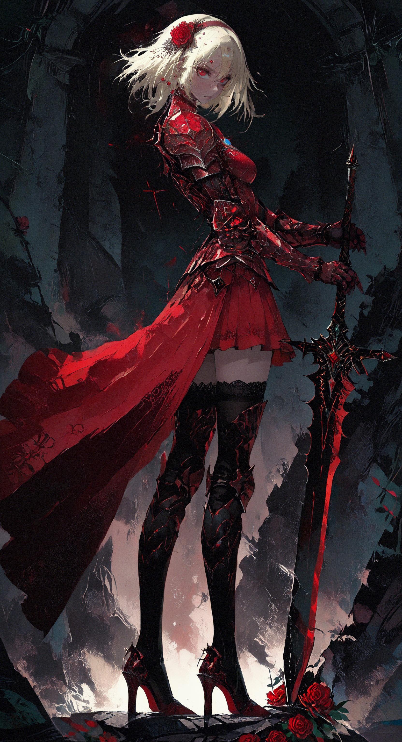 masterpiece,best quality,amazing quality, 1girl, solo, blonde hair, hair ornament, red eyes, medium hair, zettai ryouiki, medium breasts, red skirt, gloves, red dress, armored dress, thighhighs, hairband, black thighhighs, hair flower, armor, high heels, gem, gauntlets, armored dress, planted hugesword, (hugesword:1.2), looking at viewer, standing, holding hugesword, full body, detailed background, red rose, mythp0rt,
arm0rs3nt1n3l <lora:illustriousXL_stabilizer_v1.23:0.3> <lora:NOOB_vp1_detailer_by_volnovik_v1:0.3> <lora:ponyv6_noobE11_2_adamW-000017:0.3> <lora:ILLMythP0rtr4itStyle:0.75> <lora:YTSKX-WAI:0.7> <lora:mon_monmon2133:0.8> <lora:ArmorSentinelV2:0.6>
