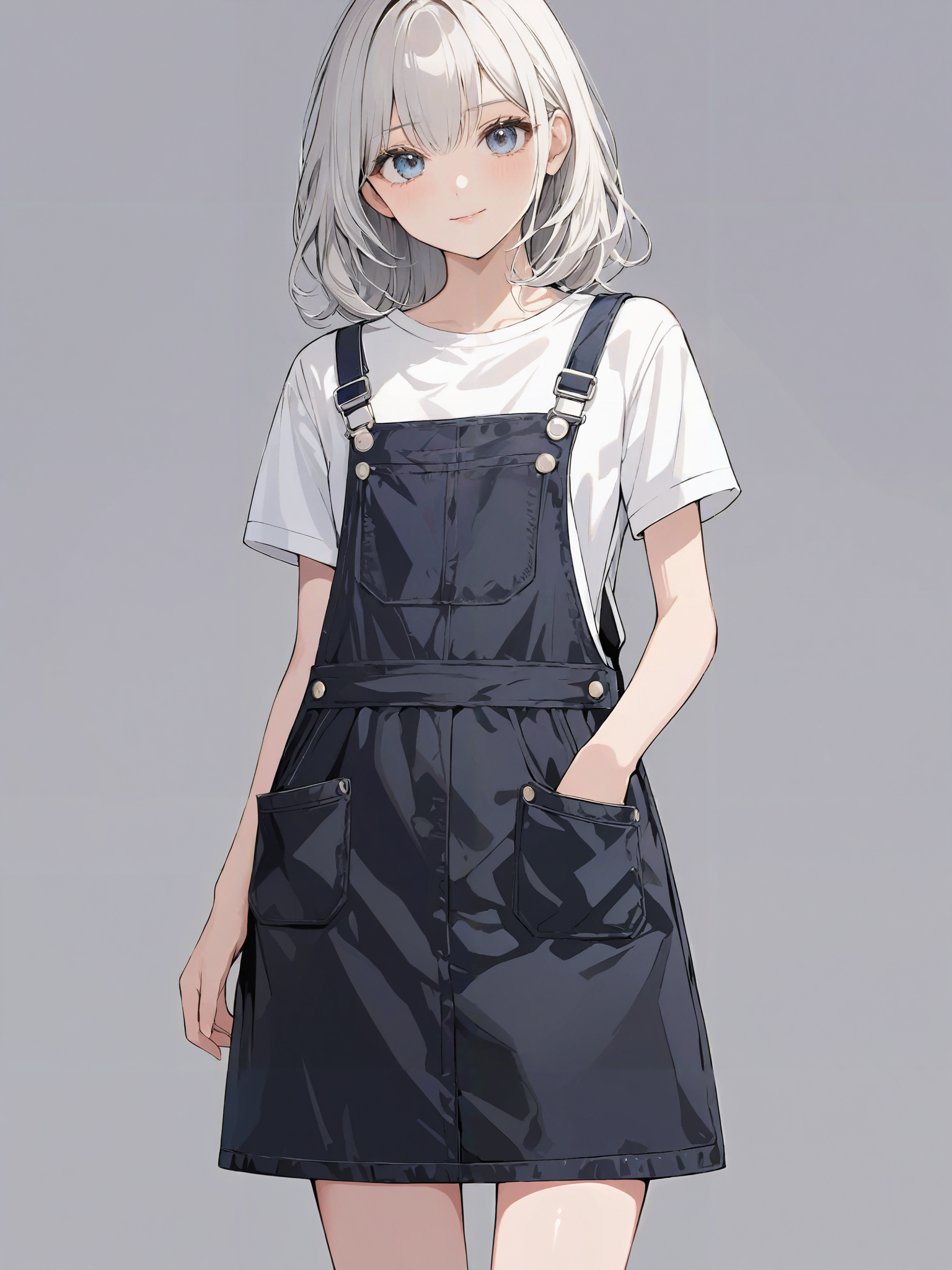 masterpiece,ultra-detailed,best quality,8K,illustration,cute face,clean skin ,shiny hair,girl,ultra-detailed-eyes,simple background, <lora:add-detail-xl:1> <lora:salopette_XL_V1.0:1> salopette, overall skirt,shirt