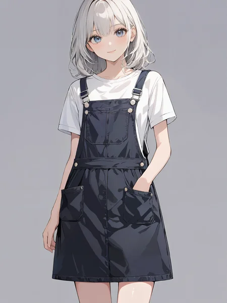 masterpiece,ultra-detailed,best quality,8K,illustration,cute face,clean skin ,shiny hair,girl,ultra-detailed-eyes,simple background, <lora:add-detail-xl:1> <lora:salopette_XL_V1.0:1> salopette, overall skirt,shirt