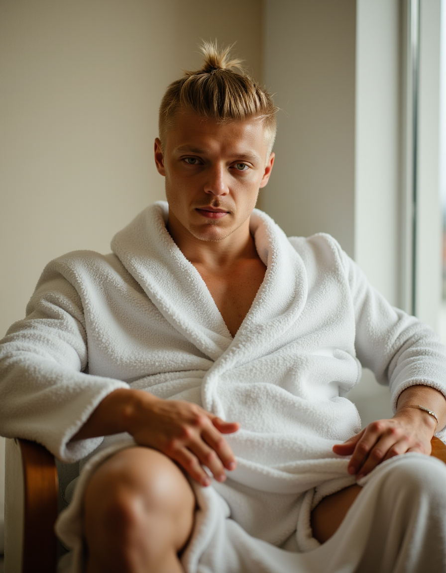 sven_boy: High resolution photograph, wearing a white terry cloth open robe . He is sitting on a chair in the spa area of a luxurious hotel. The light creates a calming atmosphere. Cinematic still. Fullbody-shot. View from below <lora:aidmaRealisticSkin:0.3>
<lora:Sven-000001:1>