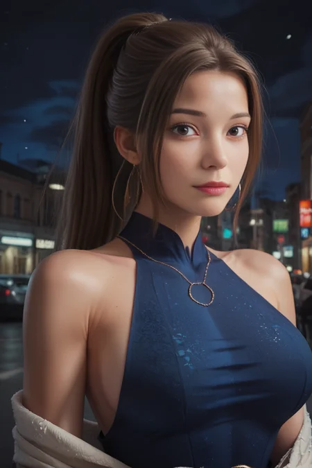 score_9, score_8, score_7, high quality, 1 woman, <lora:LeeAhnDove3:1>, LeeAhnDove, brown hair, ponytail, perfect eyes, large breasts, natural beauty, sexy body, dark blue dress, white shawl, looking at viewer, city street, late at night, realistic, high quality face, zPDXL2