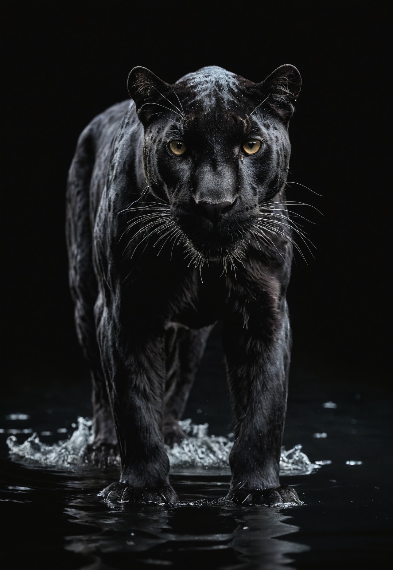 safe_pos, Close up of a Black Panther Standing on a Water surface, black background, studio lighting, studio photography, Hasselblad X2D 100C, HASSELBLAD XCD 90MM F/3.2, ISO 100, focal length 85mm, Cinematic