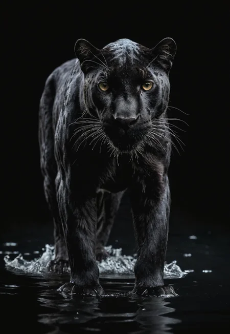 safe_pos, Close up of a Black Panther Standing on a Water surface, black background, studio lighting, studio photography, Hasselblad X2D 100C, HASSELBLAD XCD 90MM F/3.2, ISO 100, focal length 85mm, Cinematic