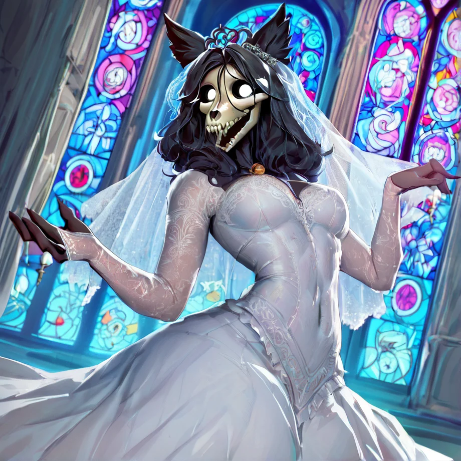 <lora:Mal01471:0.8> scp-1471, scp-1471-a, mal01471 || black fur, 1girl, wedding dress, in a church, happy expression, bridal veil, bridal gauntlets, frills, stained glass windows, <lora:neoartcore-lora_PonyXL01C:1>,, , score_9, score_8_up, score_7_up, score_6_up, score_5_up, score_4_up,