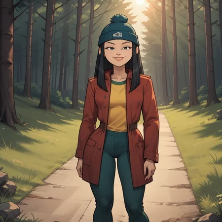 score_9, score_8, BREAK, solo, black hair, beanie, lips, red coat, yellow shirt, dark green pants, sneakers, breasts, total drama, Mary_Kate_(Total_Drama), sexy pose, self portrait, smile, outdoors, sunlight, shadows, evening lighting, natural lighting, forest, trees, grass, orange sky, sunset