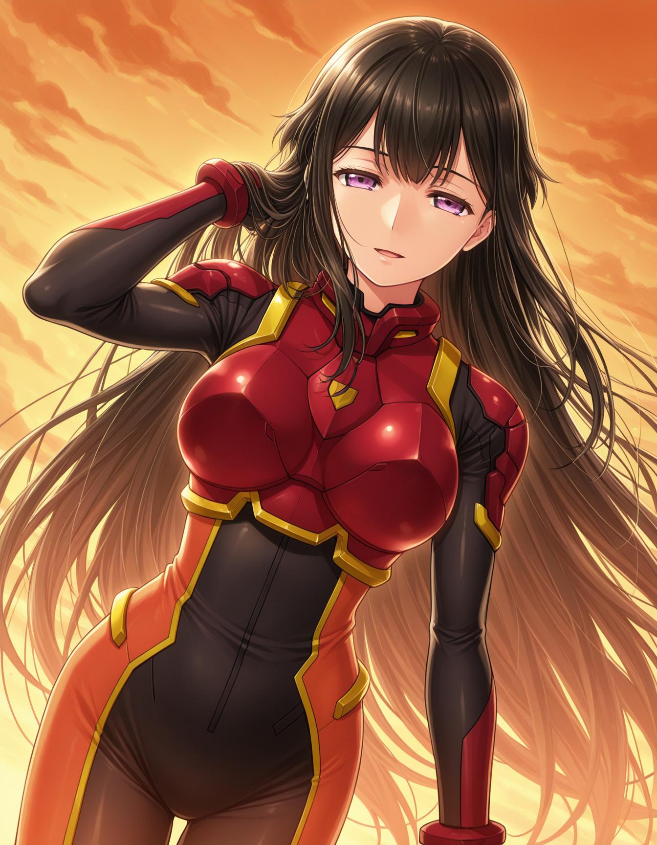 1girl, solo, hina ryazan, black hair, very long hair, purple eyes, light smile, open mouth, narrowed eyes, big breasts, mecha pilot suit, black bodysuit, breastplate, standing, hand in hair, cowboy shot, looking at viewer, straight on, dutch angle, orange theme, sunset <lora:hina_ryazan_ilxl_v1:0.8>