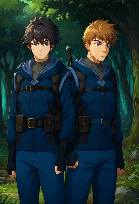 score_9,score_8_up,score_7_up,score_6_up,score_5_up,score_4_up,source_anime BREAK ray white,evi armstrong,2boys,multiple boys,male focus,gloves,nature,forest,weapon,belt,belt bag,black fingerless gloves,blue hooded jacket,pants,hood down,outdoors,tree,<lora:Ray_Evi_V2-4-000008:1>,cowboy shot,