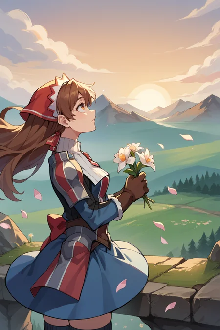 score_9, score_8_up, score_7_up, score_6_up, source_anime, BREAK 1girl, solo <lora:vcalicia-pdxl-nvwls-v1-000006:1> vcAlicia, headdress, blue shirt, armor, blue skirt, gloves, thighhighs, profile, looking up, holding flower, sunset, cliff, mountain, wind, flower petals