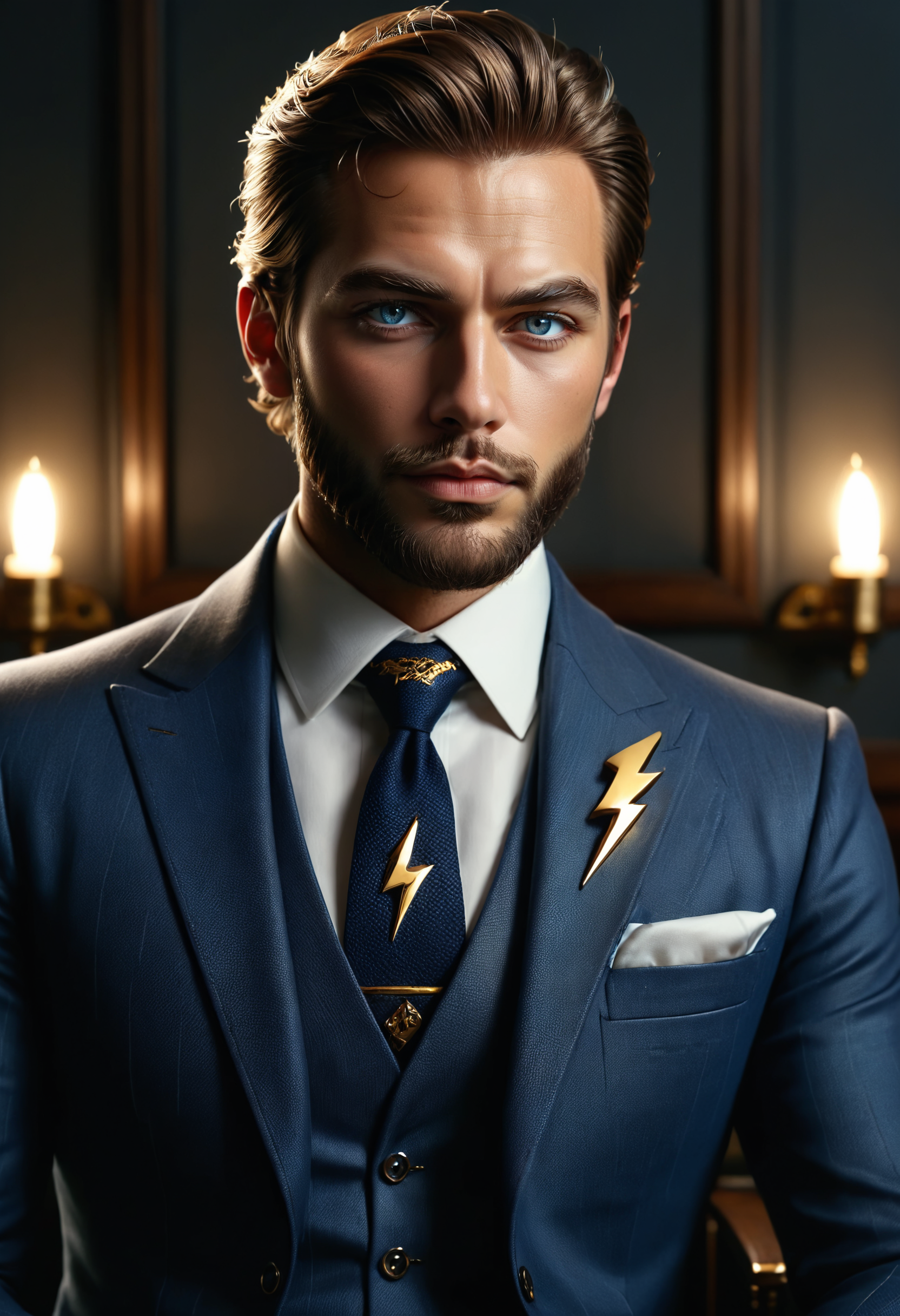RAW photo, portrait of a beautiful man with a beard in a grey suite, full sharp, detailed face, blue eyes, (high detailed skin:1.2), 8k uhd, dslr, soft lighting, high quality, film grain, Fujifilm XT3, he is sitting in a dim lit dark room, chiaroscuro style
<lora:dvr-bzz:0.8> dvr-bzz