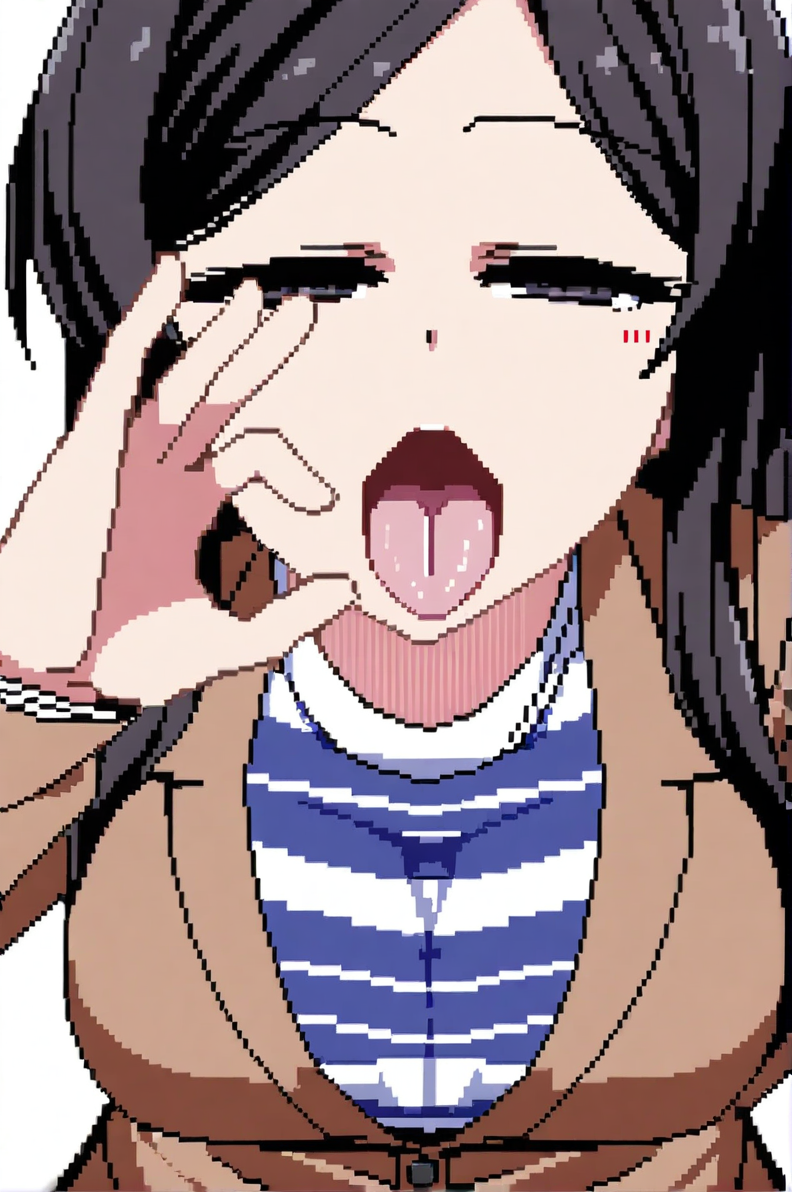 character: Kanae (å¶ç»), character: Kanae (å¶ç») clothes1, pixel art, 1girl, solo, mature female, simple background, white background, cowboy shot, looking at viewer, long hair, open mouth, black hair, tongue out, black eyes, sidelocks, brown jacket, half-closed eyes, large breasts, open jacket, white striped shirt, long sleeves, fellatio gesture, blue jeans, oral invitation, arm behind back<lora:summer memories v8.3 (å¤æè£æ­£ååå¾ç¿»è½¬)-000005:1>