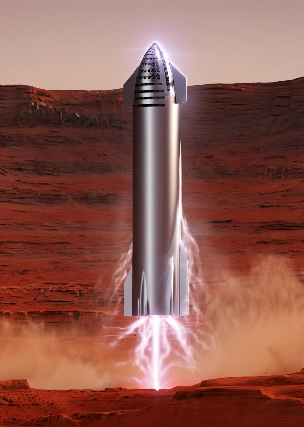 wide shot of A shiny silver Starship venting white steam on the surface of Mars with landing legs, background high tech buildings, high tech, orange Martian dusk landscape, (photorealistic:1.3), dusty, mountain range, science fiction, hyperrealism, brown sky, (pointy shiny silver rockets):0.8, red and white mushrooms dotting the terrain, Extremely high-resolution details, photographic, crisp, fine texture, incredibly lifelike <lora:snowmountxl_v1:1>  <lora:Starship:1>