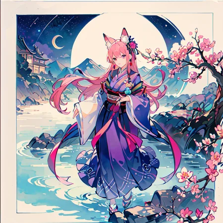 1girl, (\(pink fox ears\):1.1), looking_at_viewer, jewelry, ribbon, ribbon-trimmed sleeves, long hair, white, (purple_eyes), watercolor (medium), colored pencil (medium), bow, earrings, mountain, dusk, leaves, ((spring)), Chinese clothes, east Asian architecture, bird, expressionless, building, [fire], (pink_hair), (\(pink fox tails\)), \(fox mask\), \(purple_dress\), wet, rain, water, (flowers), petals, sky,  clouds, \(crescent moon\), shooting star, starry sky, tree, house, (river:0.8), (ocean:0.8),(waterfall:0.8), \(hand on own chest\), lamppost, lights,  (circular_border:1.5), (night), hitodama