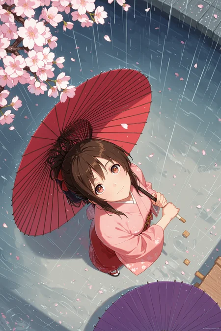 masterpiece, best quality, absurdres, safe
1girl, from above, perspective, petals, cherry blossoms, oil-paper umbrella, looking at viewer, looking up, rain, smile
<lora:from_above_il_4_v1_d16_final:1>