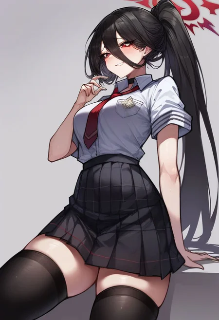 score_9,score_8_up,score_7_up,score_6_up,1girl,
black hair, solo, long hair, hair, ponytail, going school, uniform school,black plaid skirt, red necktie,black socking,high ponytail, normal face,
hasumi blue archive, thighhighs:0.5, big breasts:0.5, small breasts:0.5,