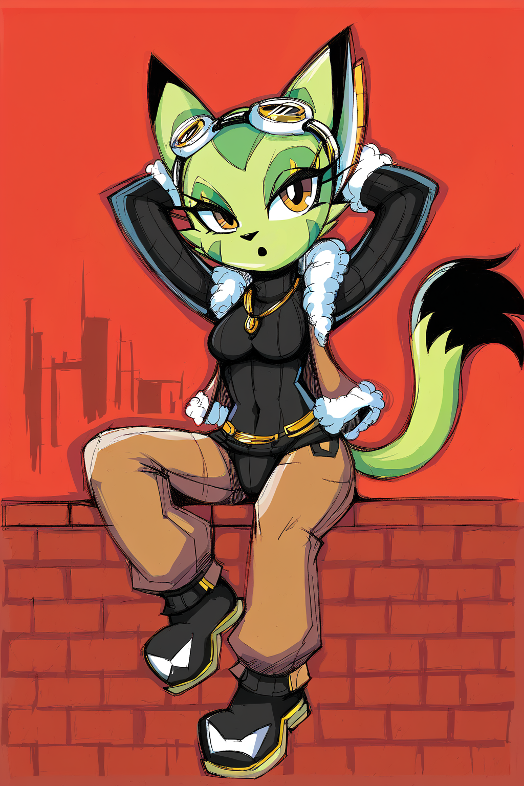 Feminine, intricate, score_9, score_8_up, score_7_up, score_6_up, score_5_up, 1girl, corazon_tea, furry, gold necklace, goggles, fingerless gloves, open clothing, open jacket, brown fur-trimmed jacket, fur-trimmed gloves, black bodysuit, brown pants, crotchless bottomwear, black-white boots, looking at viewer, medium breasts, sitting on brick wall, city background, urban, ((cityscape)), arms behind head, relaxed, surprised face,
BREAK
seductive, alluring, charming,
BREAK
<lora:pony_good_hands:1>, good_hands, better_hands,
BREAK
scene, (((red background))), boxed background, outdoor, dark setting, dynamic background, <lora:Corazon_Tea:1>, eye-markings,