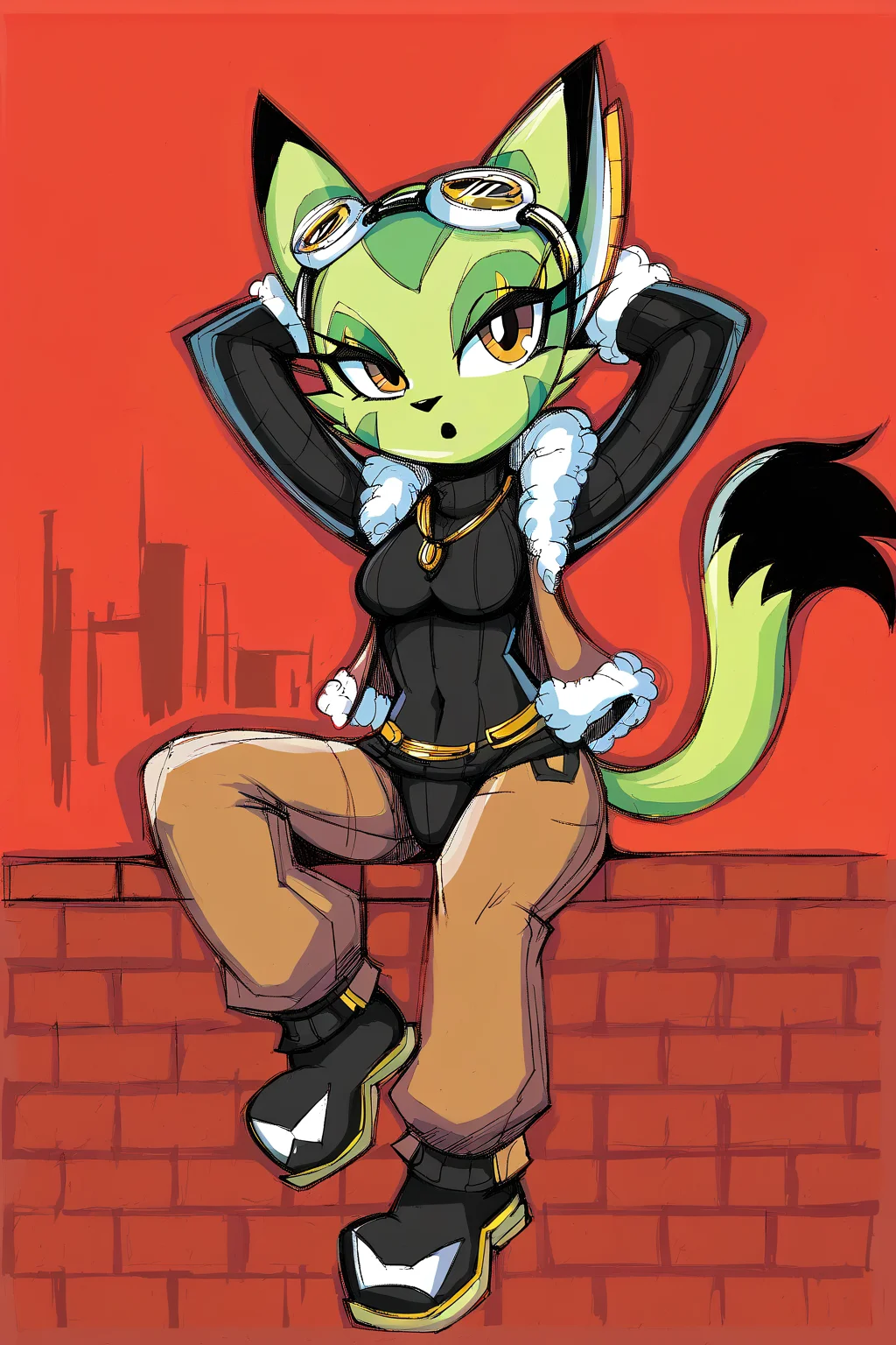 Feminine, intricate, score_9, score_8_up, score_7_up, score_6_up, score_5_up, 1girl, corazon_tea, furry, gold necklace, goggles, fingerless gloves, open clothing, open jacket, brown fur-trimmed jacket, fur-trimmed gloves, black bodysuit, brown pants, crotchless bottomwear, black-white boots, looking at viewer, medium breasts, sitting on brick wall, city background, urban, ((cityscape)), arms behind head, relaxed, surprised face,
BREAK
seductive, alluring, charming,
BREAK
<lora:pony_good_hands:1>, good_hands, better_hands,
BREAK
scene, (((red background))), boxed background, outdoor, dark setting, dynamic background, <lora:Corazon_Tea:1>, eye-markings,