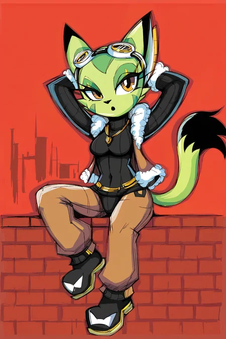 Feminine, intricate, score_9, score_8_up, score_7_up, score_6_up, score_5_up, 1girl, corazon_tea, furry, gold necklace, goggles, fingerless gloves, open clothing, open jacket, brown fur-trimmed jacket, fur-trimmed gloves, black bodysuit, brown pants, crotchless bottomwear, black-white boots, looking at viewer, medium breasts, sitting on brick wall, city background, urban, ((cityscape)), arms behind head, relaxed, surprised face,
BREAK
seductive, alluring, charming,
BREAK
<lora:pony_good_hands:1>, good_hands, better_hands,
BREAK
scene, (((red background))), boxed background, outdoor, dark setting, dynamic background, <lora:Corazon_Tea:1>, eye-markings,