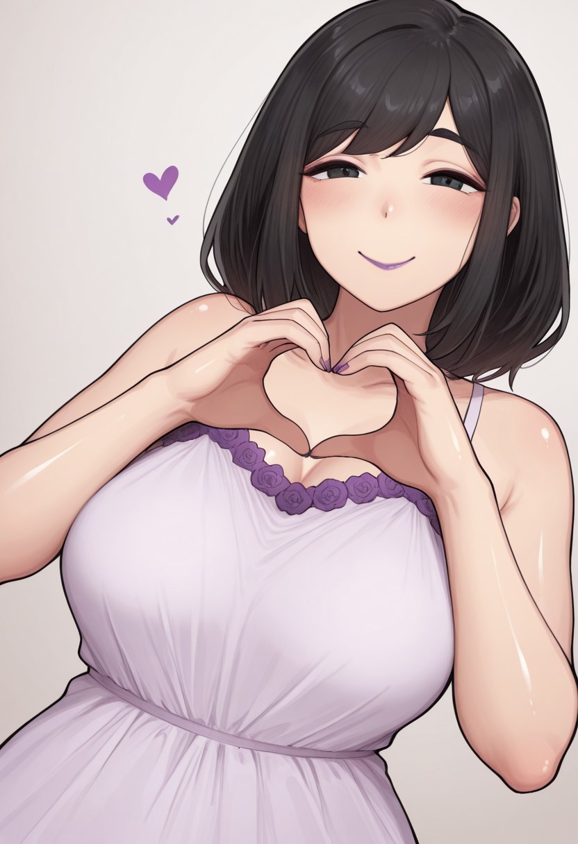 , 1girl, solo, medium build, medium hair, sfw, safe for work, covered skin, flowy dress,  black eyes, purple lipgloss, smiling, portrait, upper body, heart hands, mature female, foreshortening, detailed, newest, shiny skin, cowboy angle, solo focus, medium breasts, nakatagorori