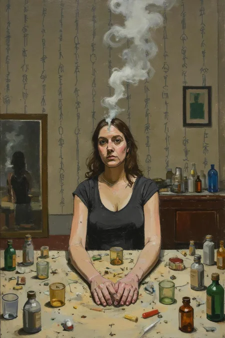 euanuglow1 painting.
a woman seated at a cluttered table, surrounded by mirrored reflections of herself. The scene is filled with translucent glass cups, pill containers, and small bottles, all creating an eclectic and moody atmosphere. Smoke rises around her, adding a dreamlike quality, while a wallpaper of hand-drawn symbols or calligraphy fills the background. <lora:euanuglow1_cap_d6aee11:1.0><lora:845541514537975283:0>