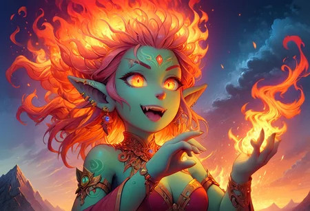 score_9, score_8_up, score_8, 1girl, a green skinned goblin wizard casting a spell, (((shooting magical fire from hands))) mouth open wide, face filled with rage, asymmetric, 2/3 view, clouds, twin suns, carcosa, mountain sunset, perfect eyes, fiery eyes,16k, exquisite detail, breathtaking features, a masterpiece, perfection, vibrant colors, breathtaking, hyper detailed, enhanced cgi imaging, 3d, 3d rendering, Style-DA, 1980s Fantasy Style, vivid color, fire aura, flames, fire aura <xl_more_art-full 0.5> <lora:add-detail-xl:0> Expressiveh