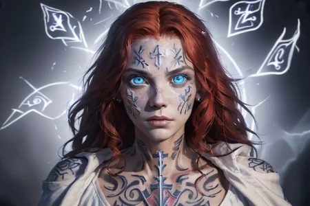 bright red hair, human female, (feminine:1.7), (beautiful face, detailed face:1.6), (beautiful eyes, detailed eyes:1.7), (looking at viewer, eye contact, intense:1.6), (long hair, red hair, curly hair:1.3), , ((masterpiece, best quality, high resolution, realistic, best quality,)), photo realistic, Perfect Face, (detailed face). <lora:GoodHands-vanilla:0.6> <lora:add-detail-xl:0.8>, mage, (Dress White military uniform coat), dagger, rune dagger, glowing runes, , (((glowing magic symbols tattoos, religious tattoos))), ((face tattoos)), glowing tattoos, stone tower in the background
