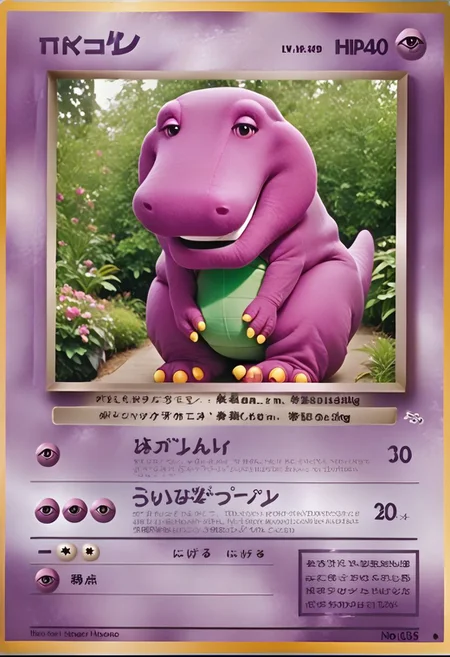 (psyc), detailed, pkmn, score_9, score_8_up, score_7_up, photo, absurdres, textbox, pkmkard, Barney the Dinosaur, purple skin, smile