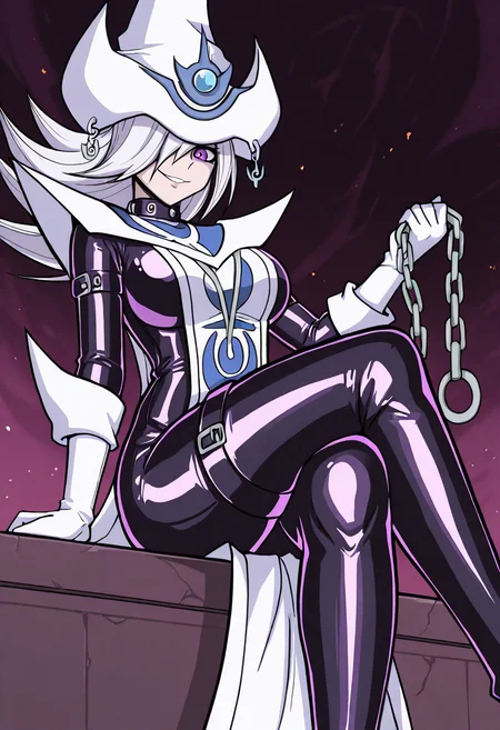 score_9,score_8_up,score_7_up,source_cartoon,<lora:agrimstyle_dataset01_v02-000006:0.9>,agm,1girl,mature,dominatrix,evil smile,latex courset,thigh high boots,sitting,legs crossed,holding chain,from below,fem dom,<lora:Silent Magician LV4_Illustrious:0.8>,silent magician lv4,hair over one eye,long hair,white hair,Purple eyes,wizard hat,white gloves,duel monster,